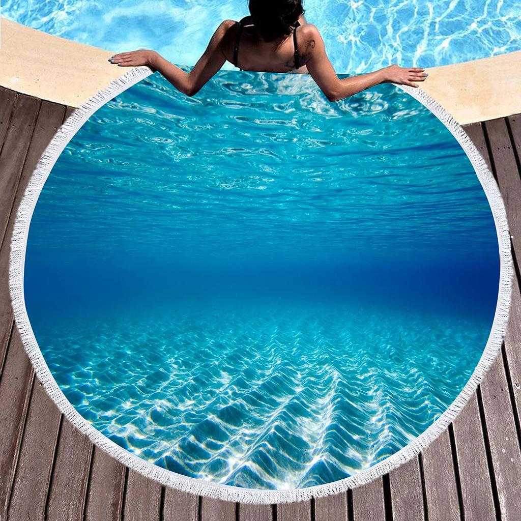 Underwater World Marine Animal Round Beach Towel with Tassels, Microfiber Quick Dry Sand Free Circle Bath Towel Gifts for Women