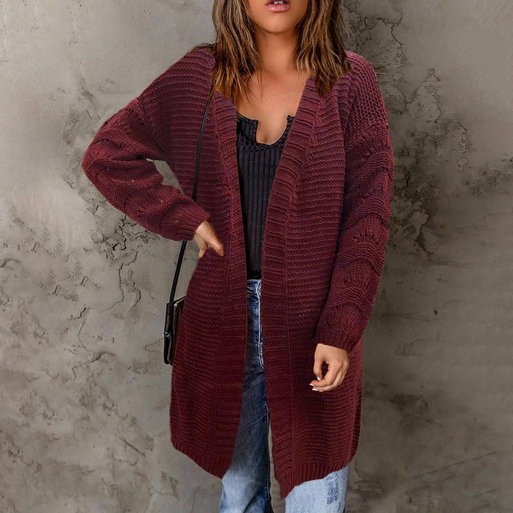 Women's Fashionable Loose Fitting Solid Color Medium Length Knitted Sweater Cardigan Jacket