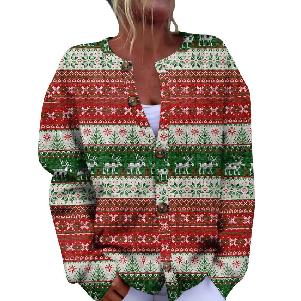 Women's Fashion Christmas Printed Long Sleeve Knitted Cardigan Button Down Jacket