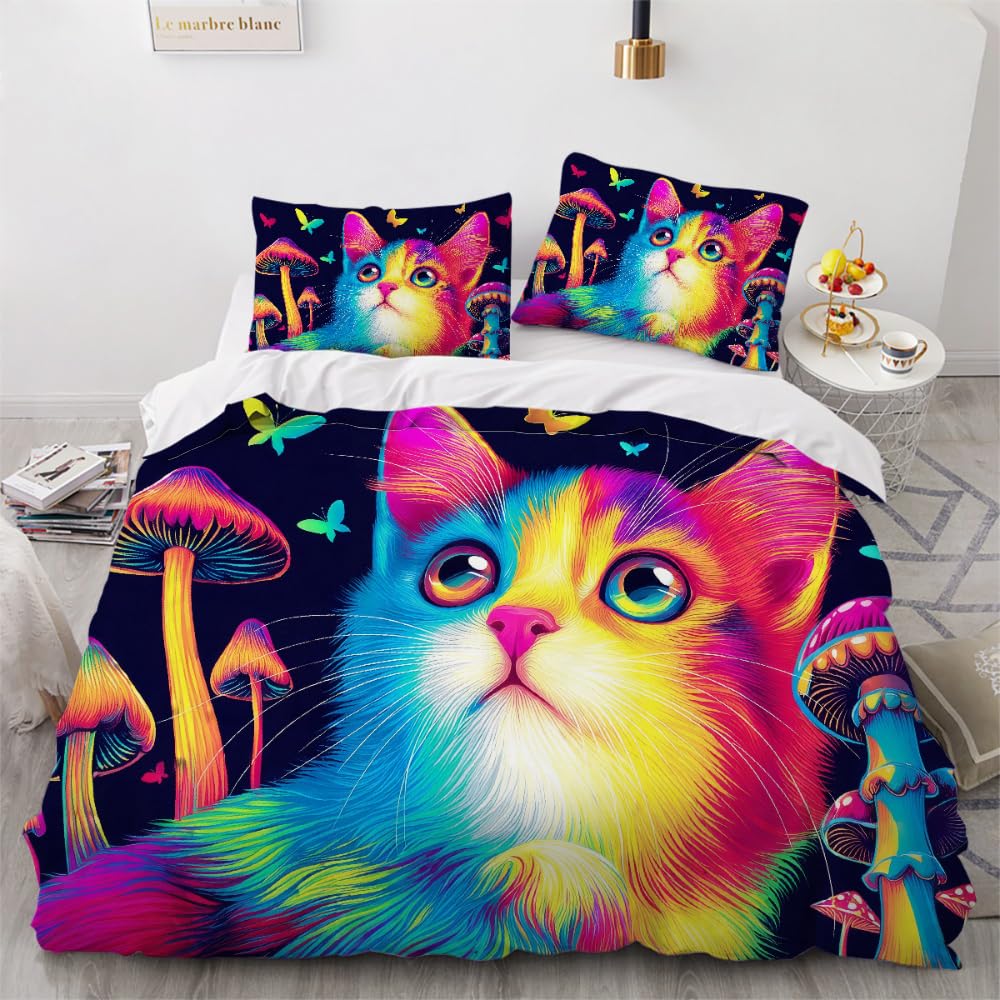 

Cat and Butterfly Duvet Cover Sets Lightweight Quilt Cover with 2 Pillowcases Colorful Butterfly Animal Pet Theme Bedding Sets (135x200cm)