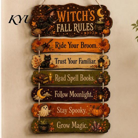 Hanging Wooden Plaque Witch's Fall Rules Sign, Vintage Halloween Wood Wall Rustic Style Art Farmhouse for Outdoor Porch Yard, Home Decor Black