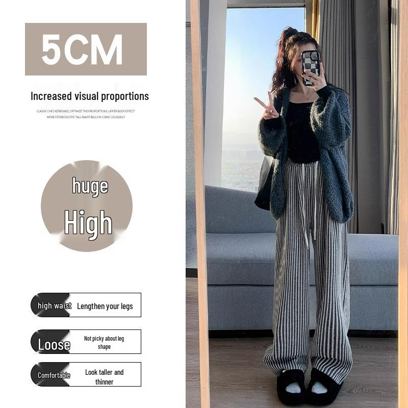 Striped Woolen Drawstring Wide-Leg Pants for Women – High Waist Black & White, Petite 150, XS, Autumn/Winter Casual.