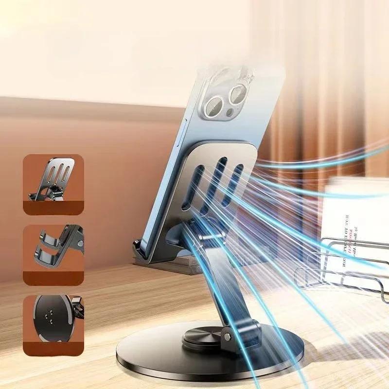 Universal All-Metal Aluminum 360° Rotating Mobile Phone Holder - Folding Double Shaft Design Stable Anti-Slip Bracket