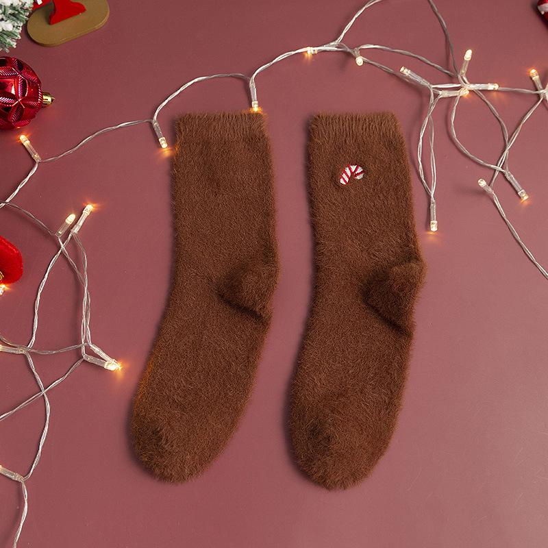 2024 Women's Christmas Stockings: Mink Velvet, Mid-Calf, Red Embroidered, Warm Autumn/Winter Socks.