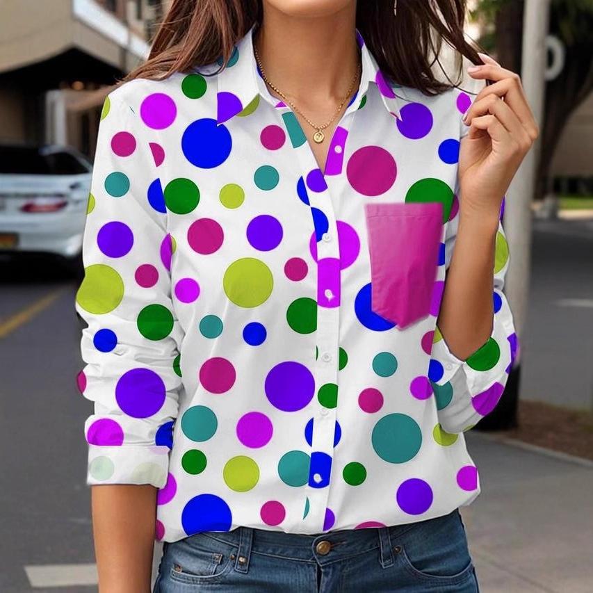 1116 European and American Women's Clothing Round Neck Dot Print Long-sleeved Fashion Women's Shirt