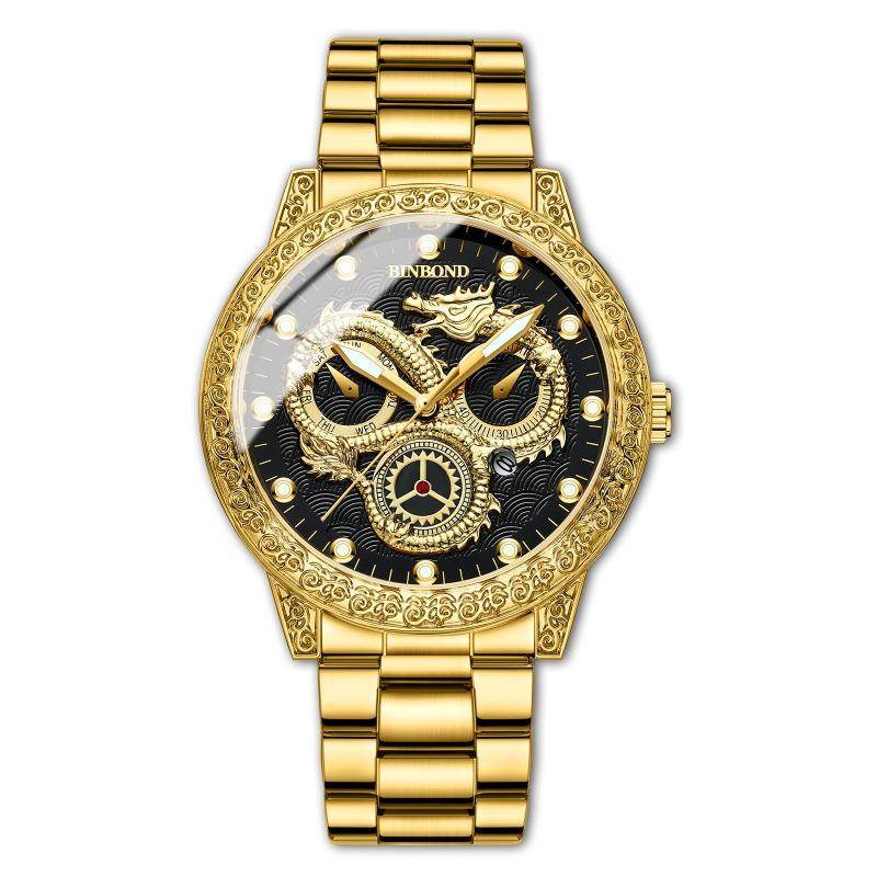 Top-Marke Dragon Watch Explosive Goldene Reliefuhr Herrenuhr Herren Drei-Augen Drache Leuchtend Wasserdicht Quarz-Uhr