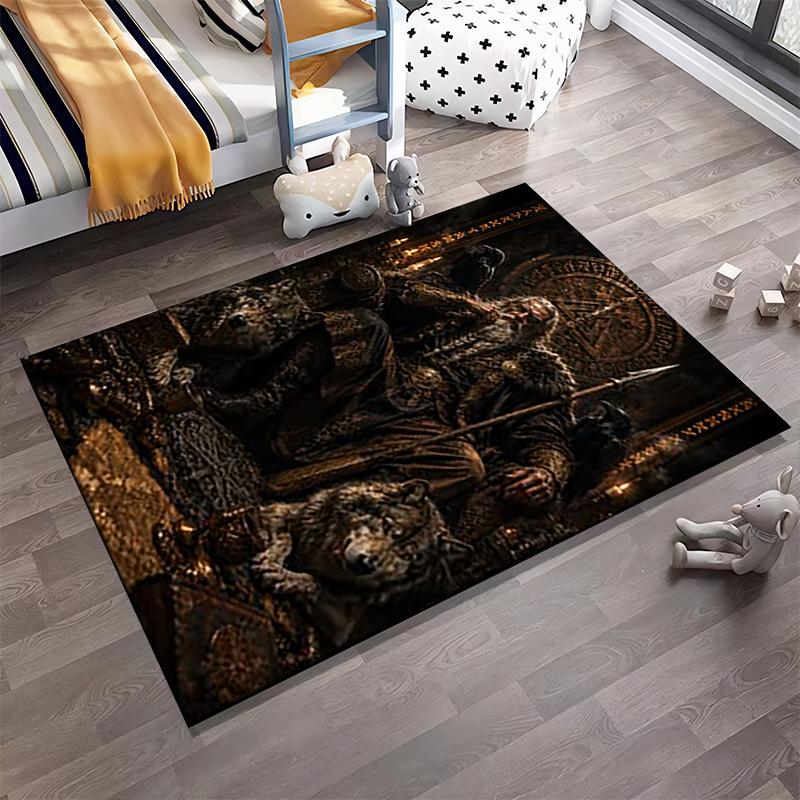 Viking King with Wolves Design Rug Non-slip rug suitable for living room and bedroom sofas