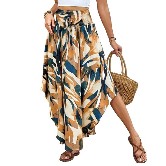 Boho Style Maxi Skirt Adjustable Drawstring High-Waisted Printing Skirt Flowy Large Hem A-Line Skirt Daily Wear