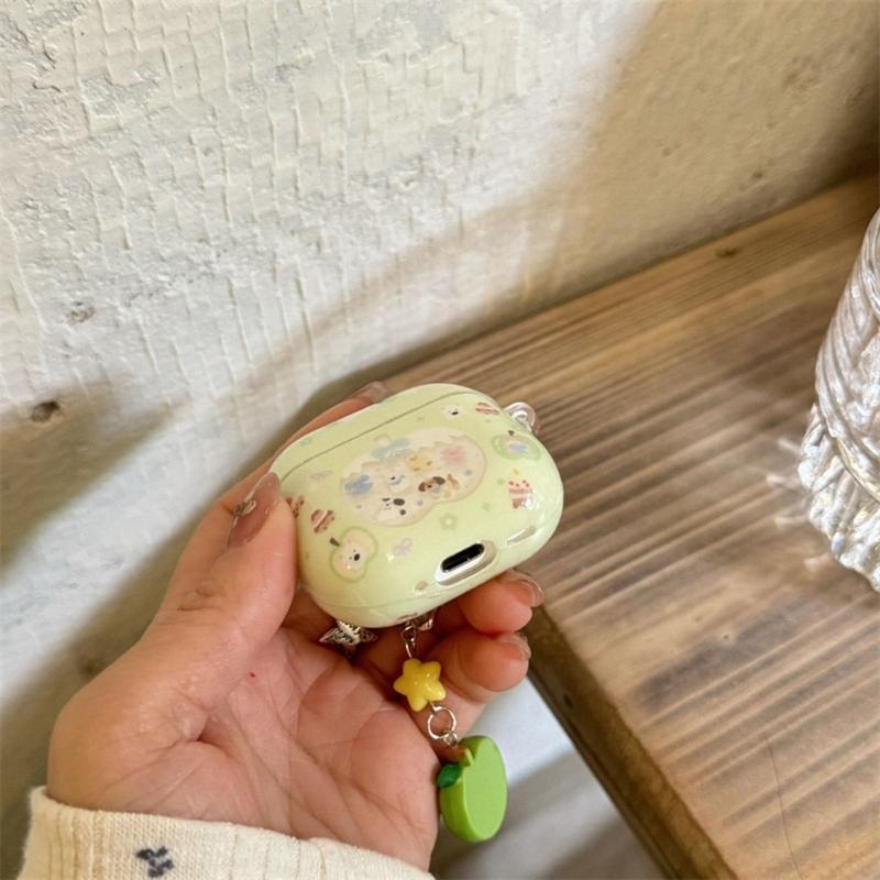 Cartoon Green Design Protective Case For AirPods4 Earbuds Shell With Detachable Keychain Precise Charging Port Access