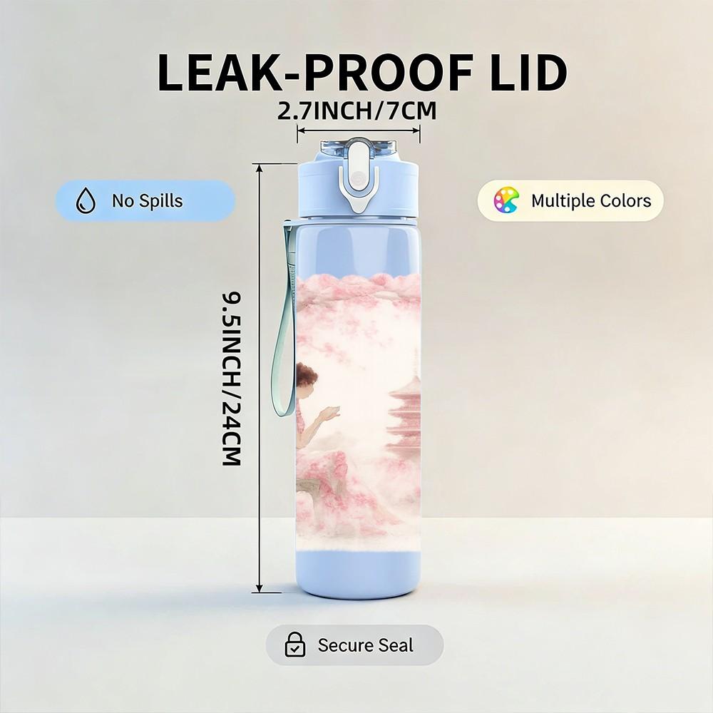 1PC Lady Pagoda Ink Wash Painting 750ml Color Plastic Sports Water Bottle Leakproof Flip Straw Lid For Sports Office Home Use