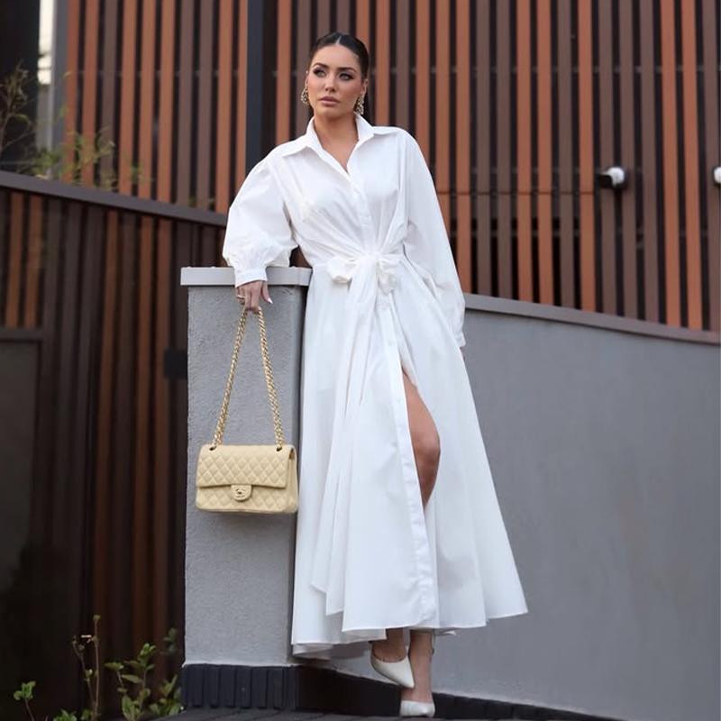 Women's Shirt Dress Turndown Collar Long Sleeve Waist Cinching Casual Temperamen Dress Commute Solid Color Slim Long Shirt 2025 Summer