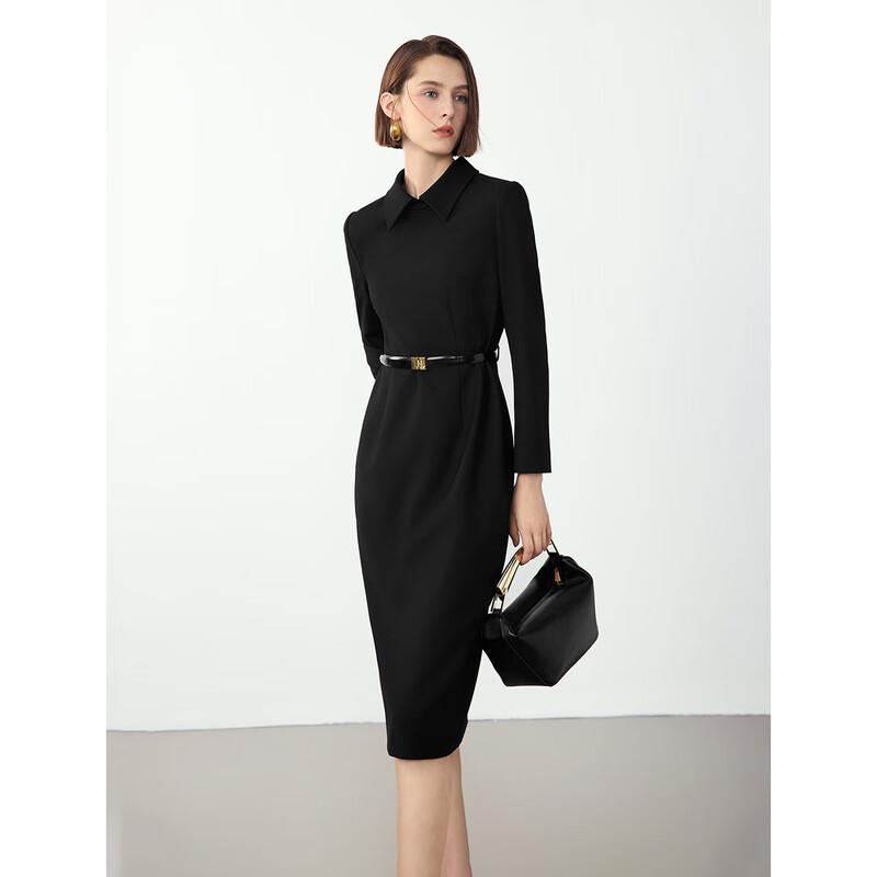 

LANCY Elegant Shirt Collar Slimming Mid-length Black Dress 2XL