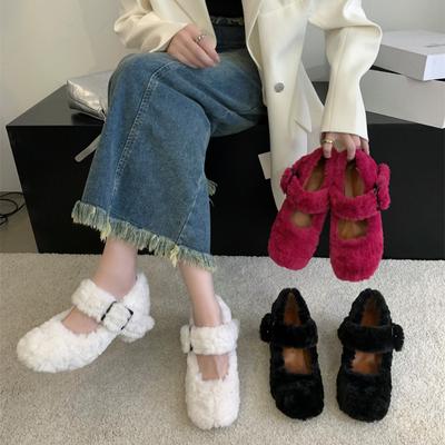 Mary Jane High Heels Women 2024 Autumn/Winter New Versatile One Line Square Headed Thick Heels Shallow Mouth Plush Single Shoes