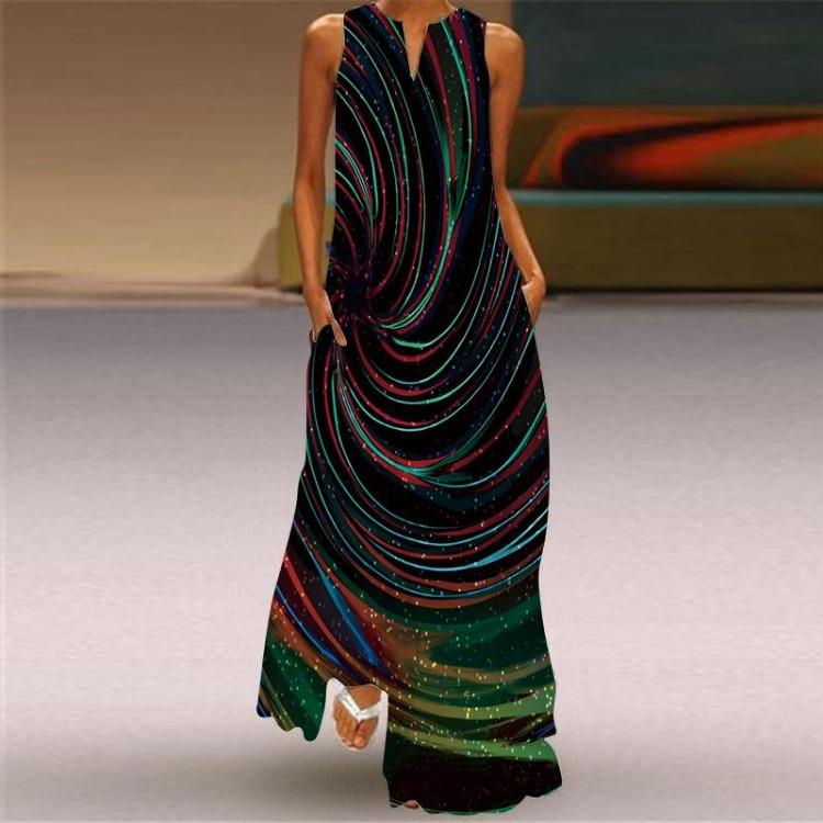 Sexy Sleeveless V Neck Printed Long Dress Women Summer European American Style