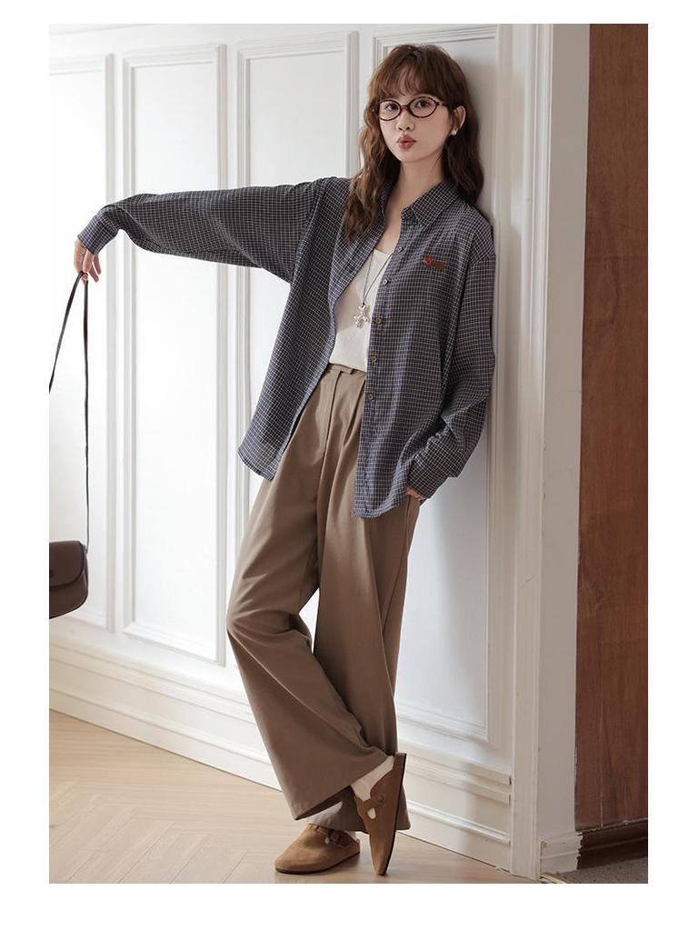 Full River Red Plaid Dachshund Embroidered Miu-style Women's Autumn Loose Long Sleeve Cardigan