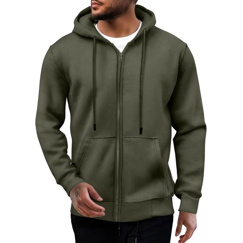 Men's Casual Loose Color Zippered Fleece Hooded Sweatshirt Sports Jacket