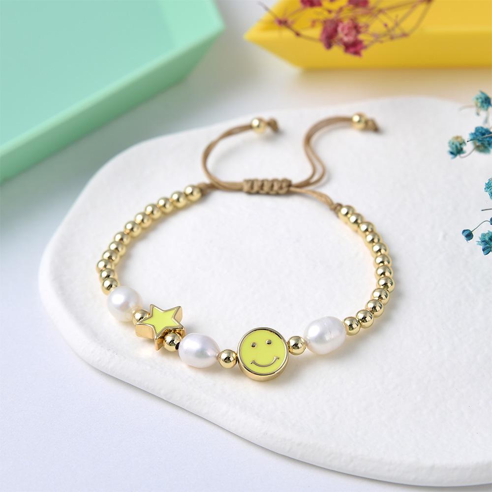 Colorful Drip Oil Smiley Star Beaded Bracelet with Natural Freshwater Pearls