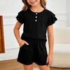 Girls Buttoned Plain Ruffle Sleeve Top and Shorts Two Piece Set
