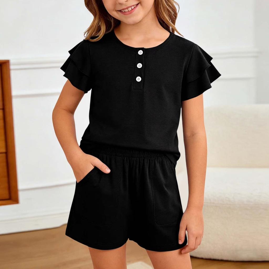 Girls Buttoned Plain Ruffle Sleeve Top and Shorts Two Piece Set