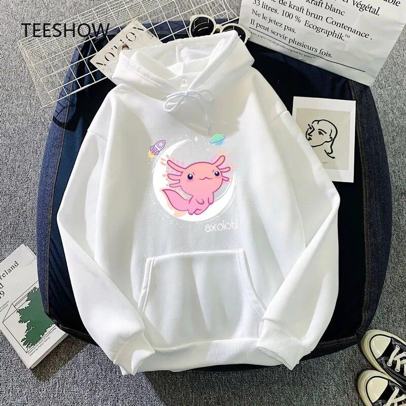 Space Axolotl Kawaii Hoodies Pastel Goth Japan Anime Comic WoUnisex Hoody Hooded Sweatshirt Fleece Warm Streetwear Unisex Clothes