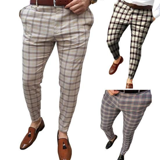 Mid-rise Zipper Button Fly Pockets Men Pants Autumn Plaid Print Straight Fit