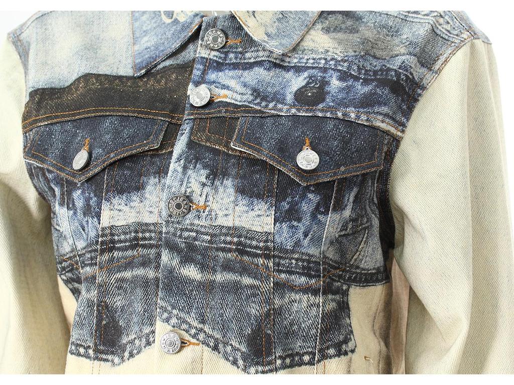 Damen Retro Slim-Fit Rissige Jeansjacke mit Visuellem Print