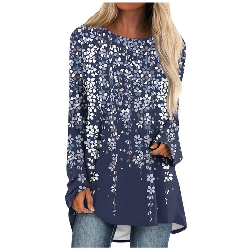 Damen Casual Mode Floral Print Langarm O-Ausschnitt Pullover Top Bluse T-Shirts Damen