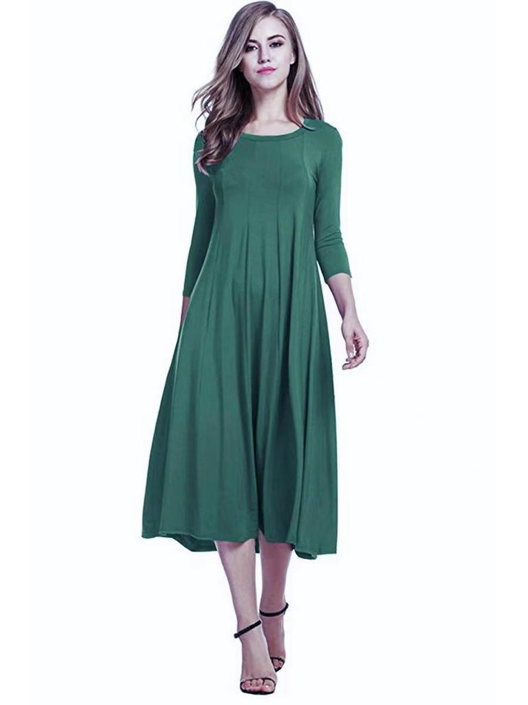 2024 Damen Sommer Mode Rundhals Mittellange Ärmel Einfarbig Großes Schwingkleid