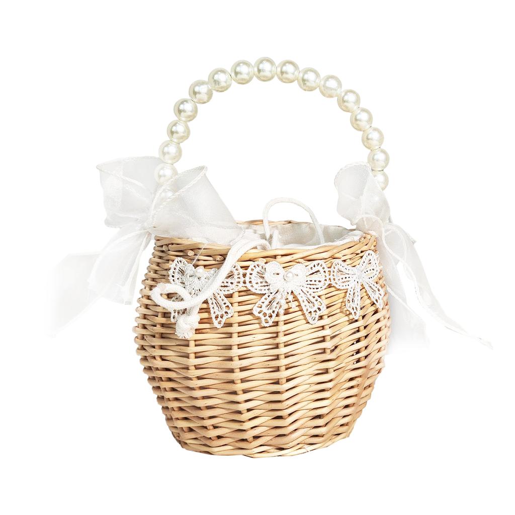 Small Flower Basket Pearl Handle Rattan Woven Flower Basket for Wedding Girl Home Decorations Picnic Garden 18cm