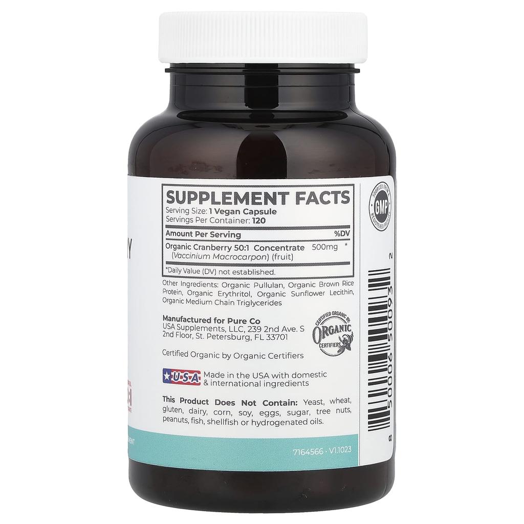 Pure Co. Organic Cranberry Concentrate, 500Mg, 120 Veggie Caps