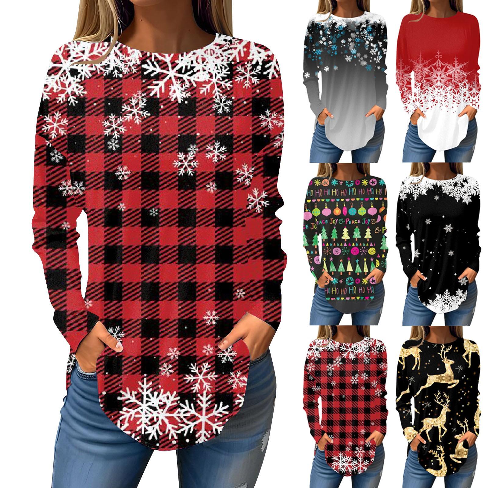 

Футболки для женщин, осенние повседневные рубашки с длинными рукавами, толстовка с ретро-принтом, топ для рождественской вечеринки, пуловер XL зелёный