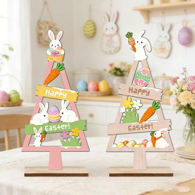 Wooden Easter Decor Tabletop Bunny with Egg Spring Home Celebration Ornament Handcrafted Festival Scene Wood Decor
