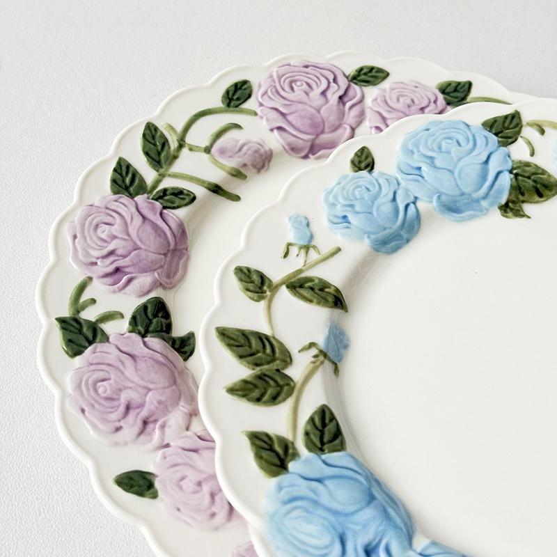 BRRose Flower Relief Dinner Plate Porcelain Dish 8 Inches Dessert Plate Restaurant Specialty Tableware Ceramic Disc Dinner PlatesEY