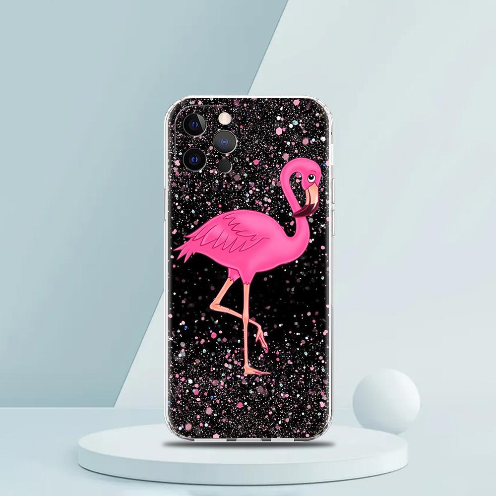 For iPhone 15 16 14 13 12 mini 11 Pro Max XS X XR SE 7 8 Plus Silicone Clear Cover lovely Pink Flamingos leaf Phone Case