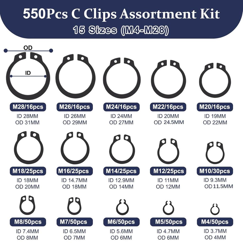 460PCS Metric M4-M28 External C-Clip Circlips Snap Retaining Rings 15 Sizes Assortment Kit for Shaft Auto Motorcycle Repair