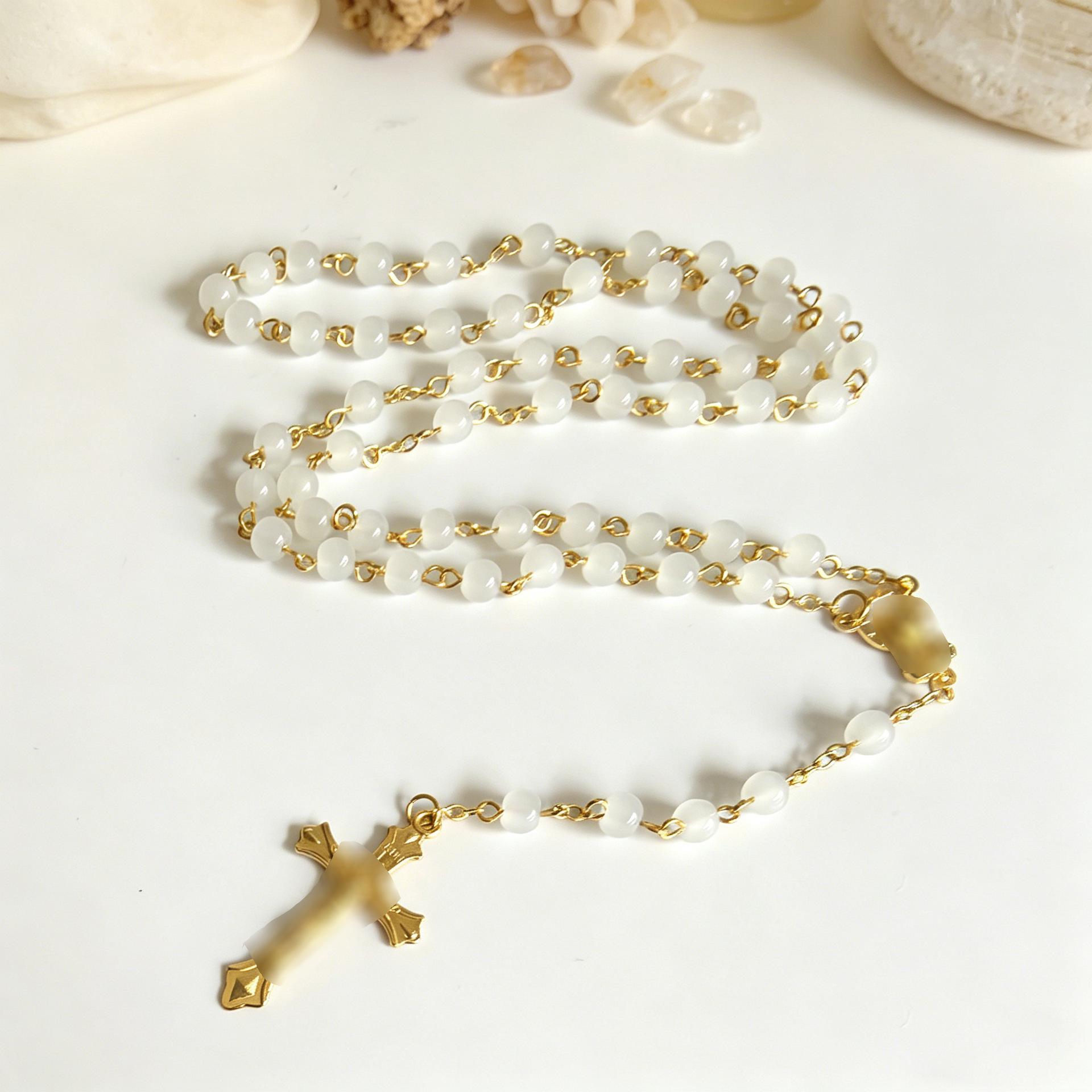 Unisex Jade Glass Bead Long Chain Cross Pendant Necklace Electroplated