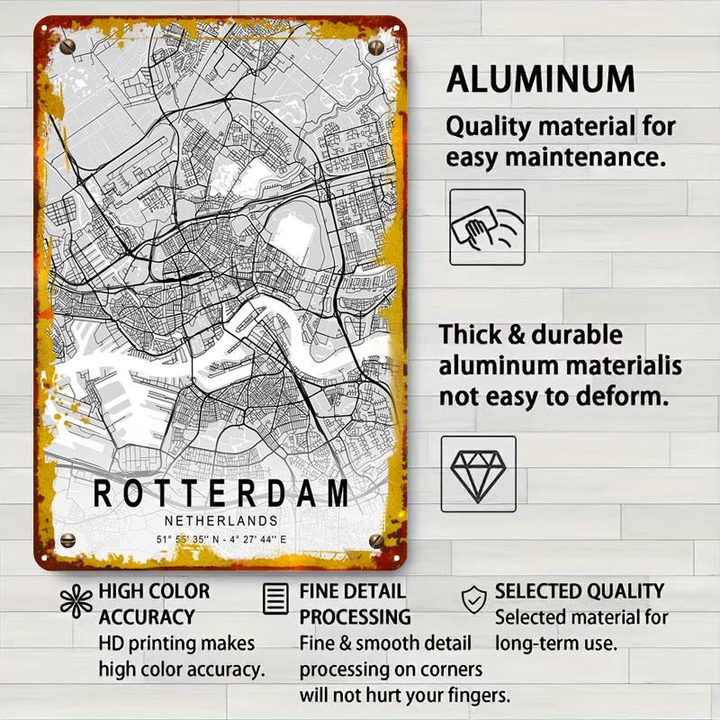 Rotterdam Ljuskarta Metallskyltar KARTA Poster Dekorativa Väggramar Anpassad Plåtskylt för Väggkonstdekoration Retro Mansgrotta