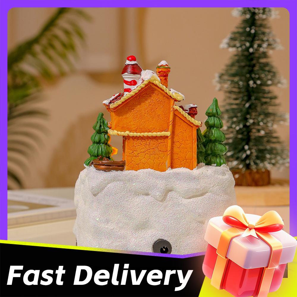 Christmas Music Box Snow House Ornaments with LED Light Resin Rotating Music Figurines Home Christmas Decorations Holiday Gift