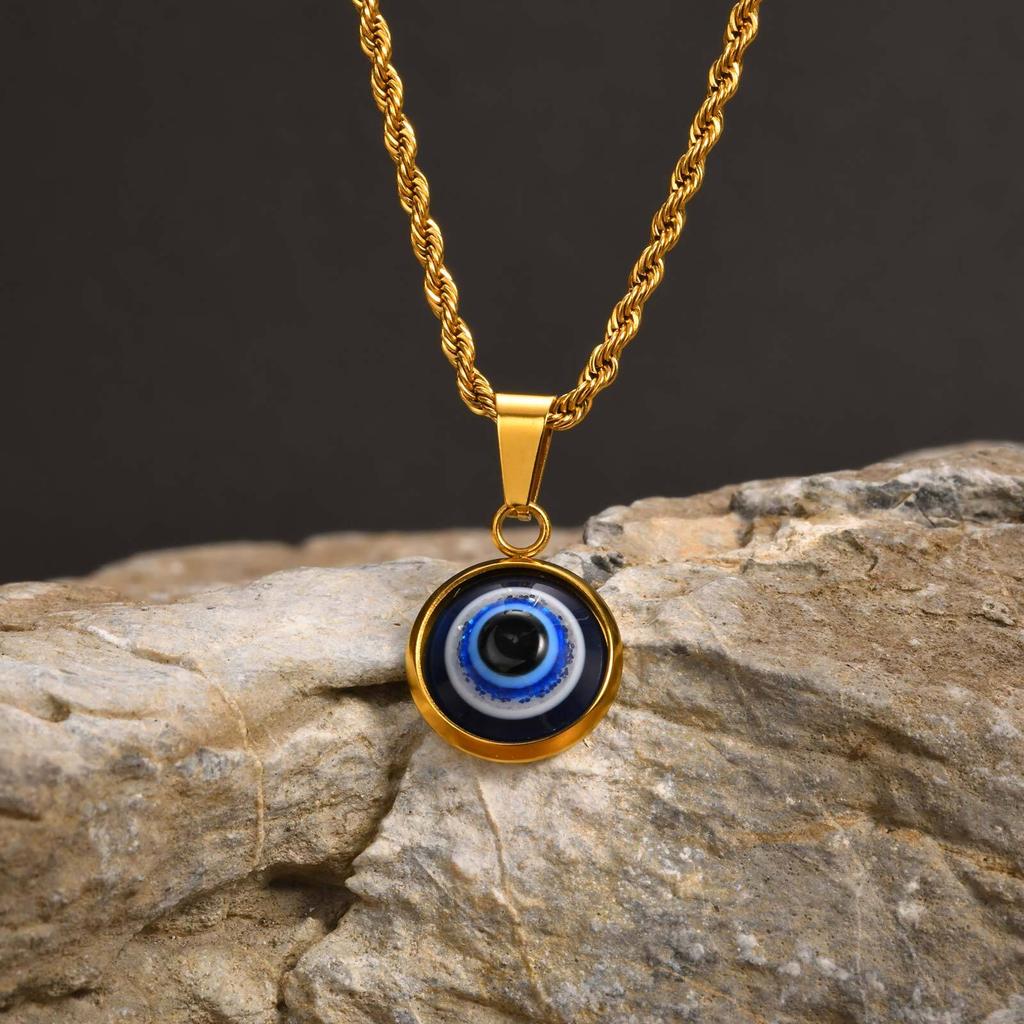 Lässige Böse Blaue Augen Halsketten für Männer Jungen,Runder Anhänger aus Edelstahl,Ethnische Türkische Amulett Geschenke Schmuck