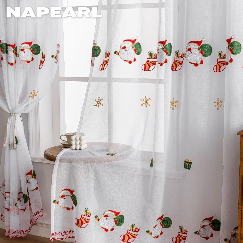 1PC NAPEARL Christmas Style Sheer Curtains Exquisite Santa Claus Pattern Embroidered Tulle for Living Room Bedroom Balcony Window Home Decor