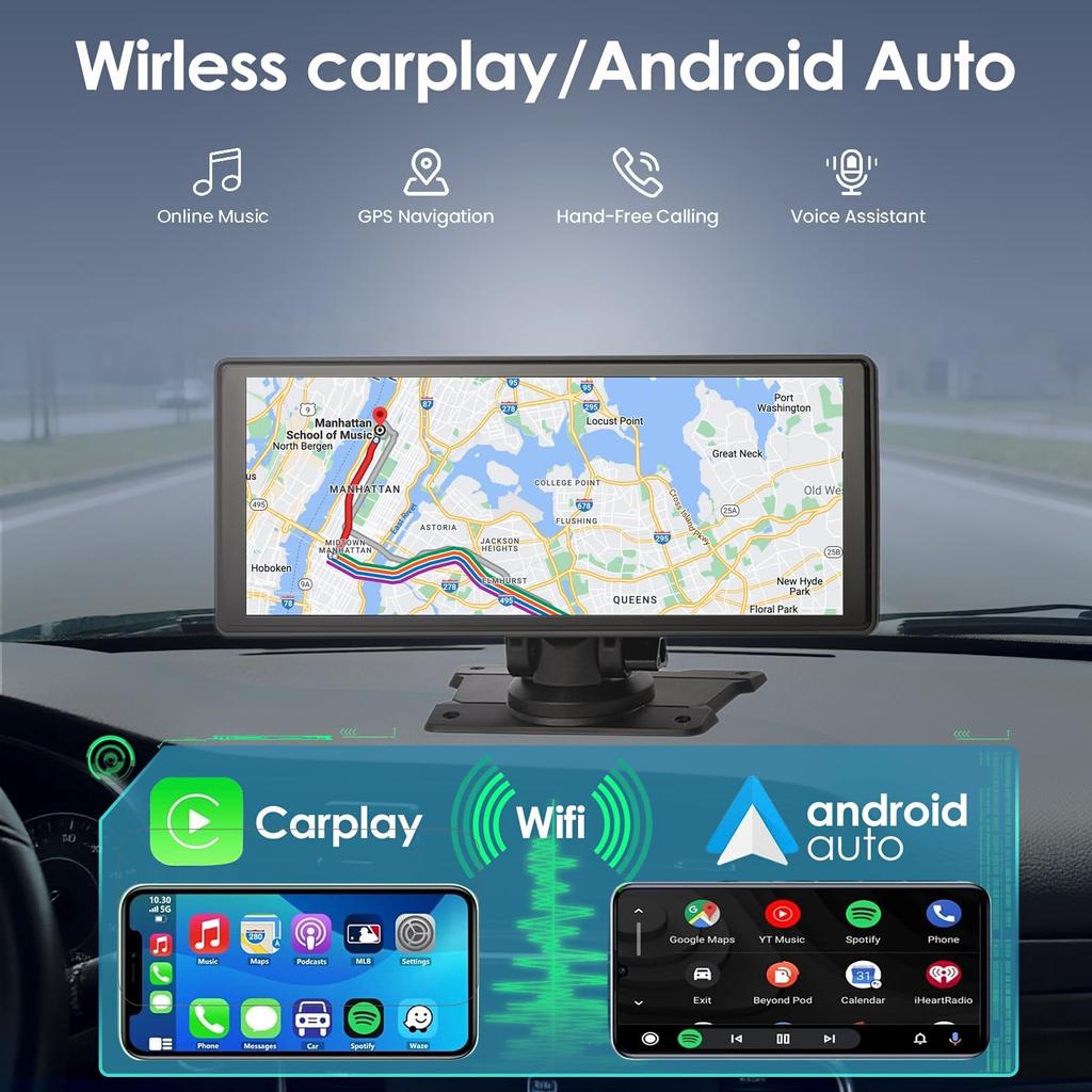 4K Dashcam med Trådlös CarPlay-skärm 1080P Backkamera för Bärbar Bilstereo med CarPlay Android GPS Mirror Link BY-J 10.26in & Bilar,