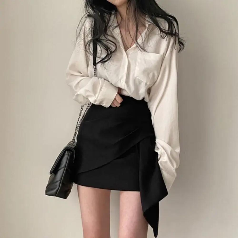 Dámské soupravy Dlouhý rukáv Jednobarevné košile Nepravidelné Mini sukně Ženy Dvoudílné Štíhlé Sexy Korejský styl Šik Stylové Štíhlé