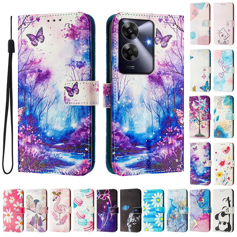 Coloured Drawing Wallet Case for Realme C67 C65 C63 C61 C55 C53 C51 Narzo 60 50 Pro 60X N55 N53 Shockproof Stand Phone Cover
