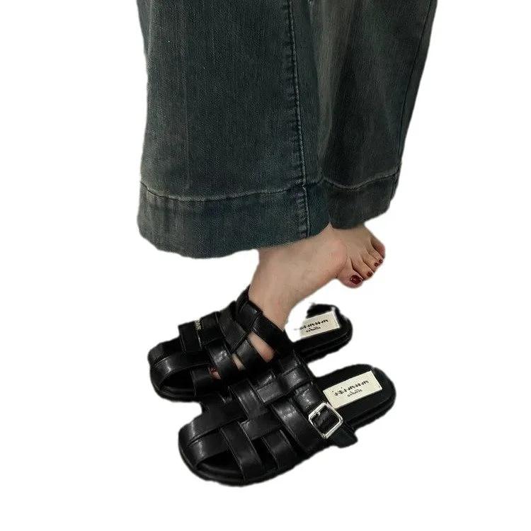 Office Slippers, Women Wear A Slip-on Summer 2024 New Baotou Black, Silver Woven Semi-drag Casual Sandals, Women's Shoes