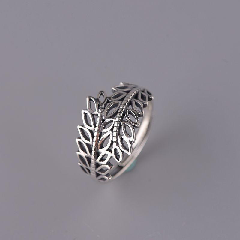 Adjustable Open Ring Women Men Sterling Leaf Motif Vintage Boho Jewelry