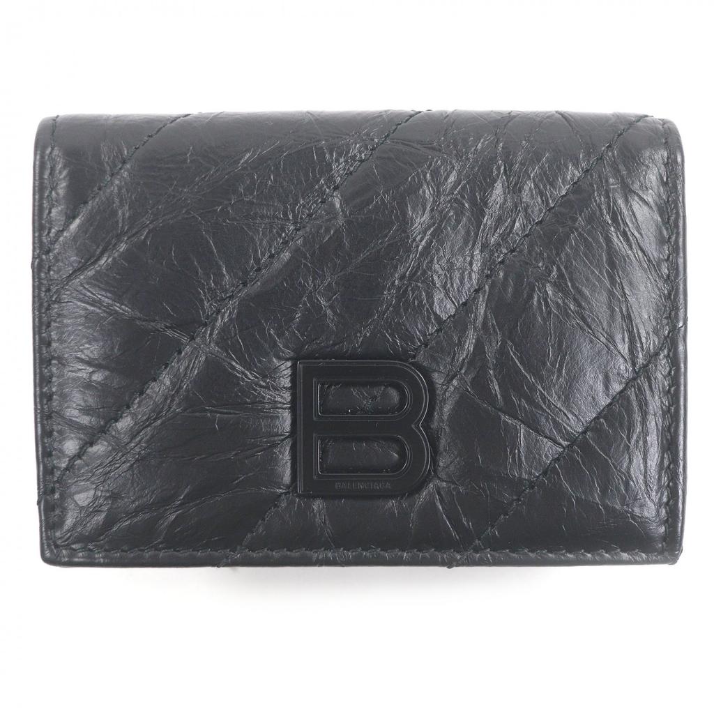 Excellent BALENCIAGA Tri-fold wallet Crush B logo Metal black leather Used