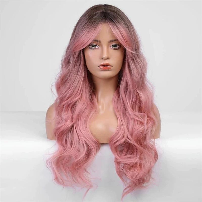 

Synthetic Pink Long Wig for Women Middle Part Wig with Dark Root Cosplay Party Halloween Lolita Heat Resistant розовый
