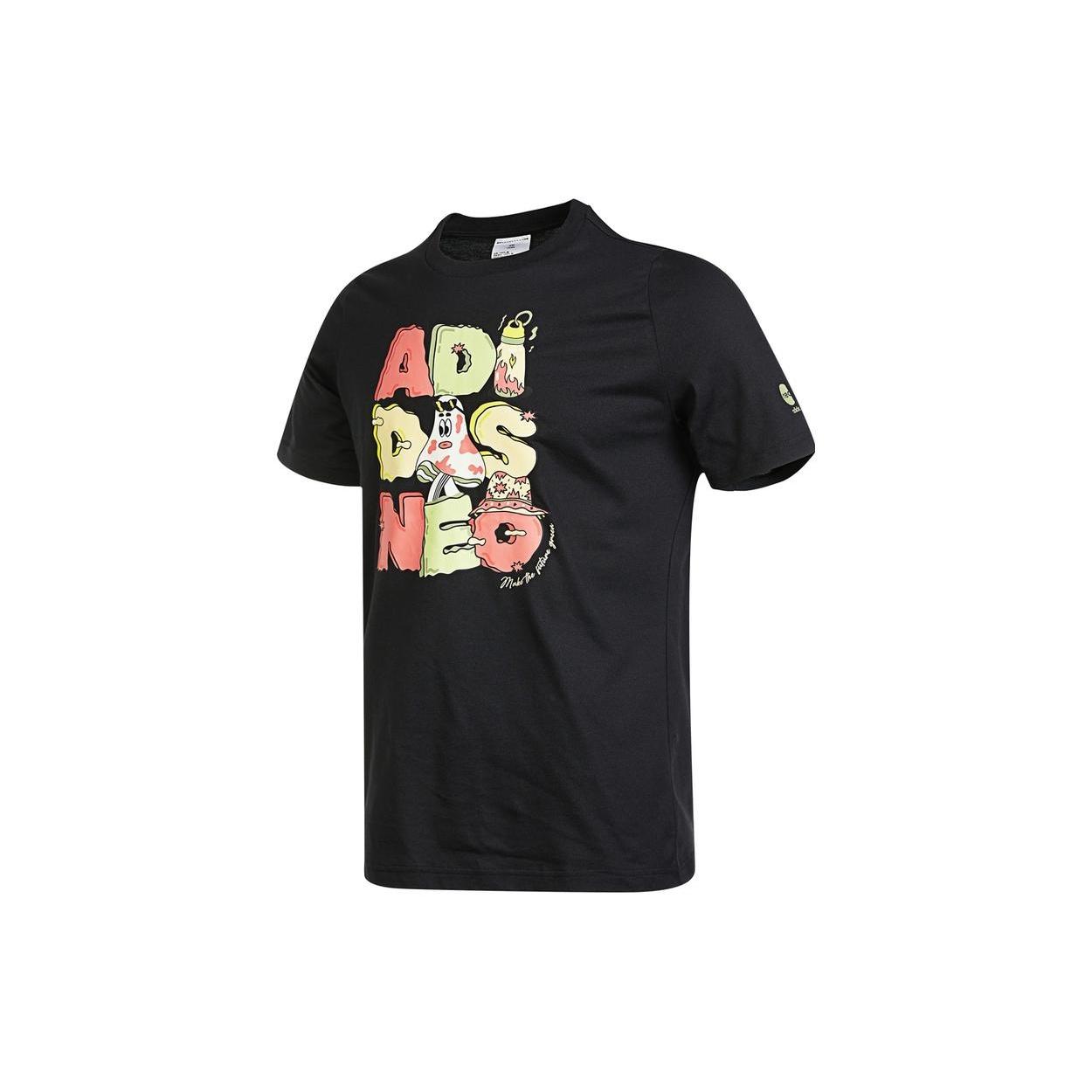 Men s adidas neo SS22 Pattern Cartoon Printing Sports Pullover Short Sleeve Black T-Shirt HS6807 S