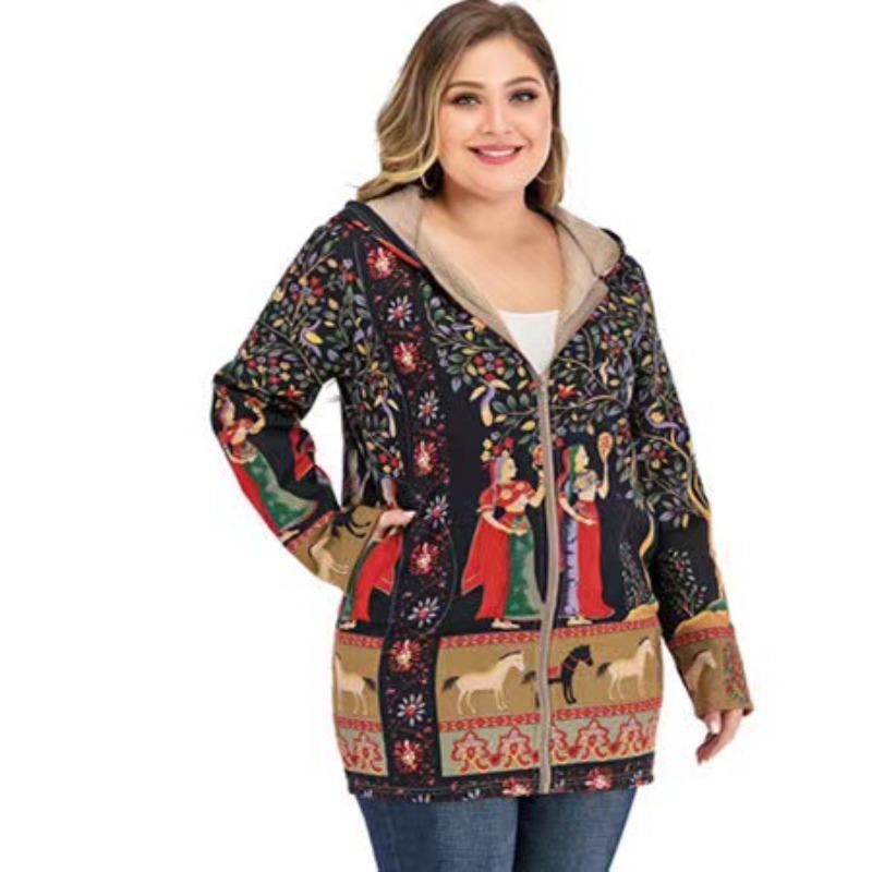Women Casual Outwear Winter Warm Retro Printed Pockets Zipper Hooded Thicker Coat Plus Size