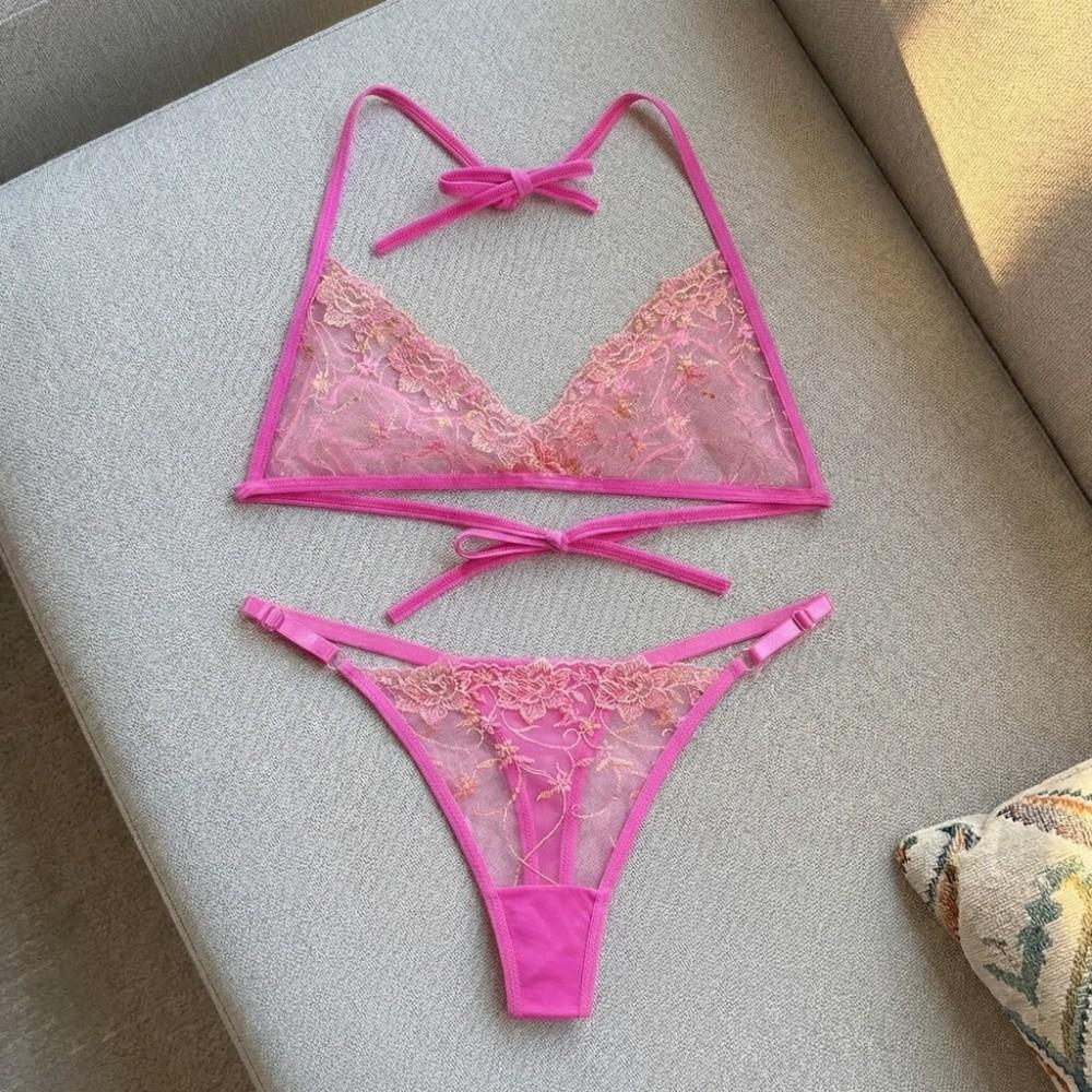 Thin Belt Thong Sheer Flower Thong Bra Set Embroidery Underwear for Women Romantic Night
